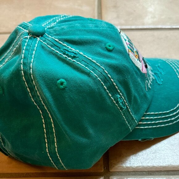 Kbethos Womens Distressed Turquoise Happy Camper Baseball Cap - Picture 2 of 3